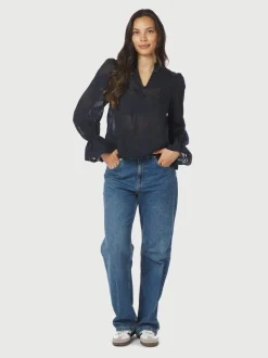 Amara Big Embroidery Bluse, Navy, 40