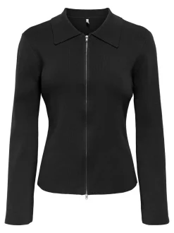 Andrea Zip Polo Cardigan, Black, L