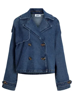 Carlie Short Denim Trenchcoat, Medium Blue Denim, L