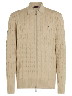 Classic Cable Polo Zip Cardigan, Sandalwood, 3XL