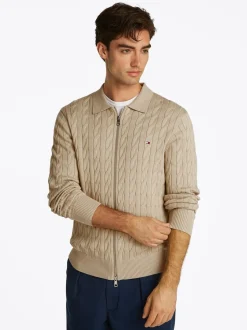 Classic Cable Polo Zip Cardigan, Sandalwood, 3XL