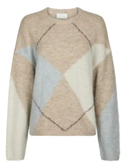 Inga Check Fluff Knit Striktrøje, Beige Melange, 36