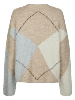 Inga Check Fluff Knit Striktrøje, Beige Melange, 36