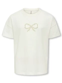 Kate Life O-Neck Pearl T-shirt, Cloud Dancer Bow, 134-140 cm