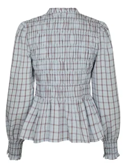 Mocca Smock Check Bluse, Light Blue, 40