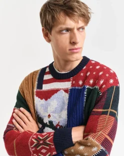 Patchwork Crewneck Sweater, Dark Navy Melange, M