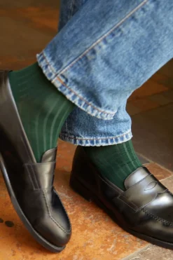 Ribbed Cotton Strømper, Forest Green, 43-46