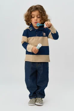 Rinon Pique Polo, Navy Blazer Striped, 98 cm