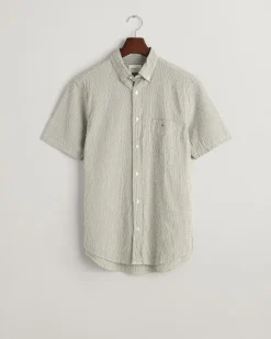 Striped Seersucker Skjorte, Pine Green, XL