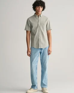 Striped Seersucker Skjorte, Pine Green, XL