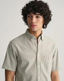 Striped Seersucker Skjorte, Pine Green, XL