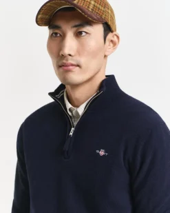 Superfine Lambswool Half Zip Striktrøje, Marine, XL