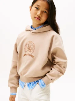 Tonal Crest Embroidery Interlock Hættetrøje, Malted Milk, 164 cm