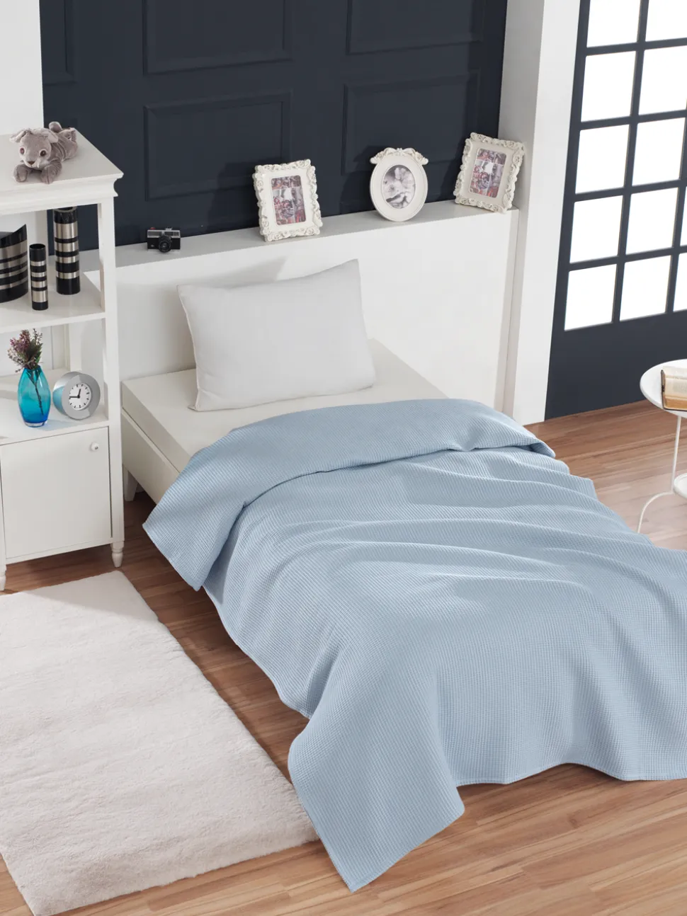 Waffle Sengetæppe, Lys Blå, 140x220 cm