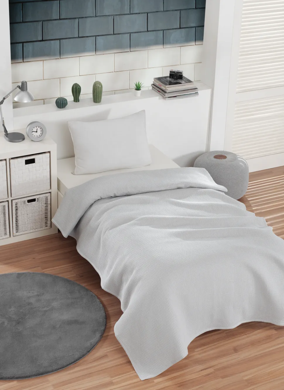 Waffle Sengetæppe, Lys Grå, 140x220 cm